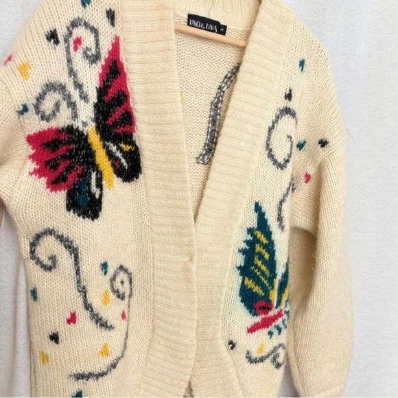 Vtg RARE UNO & UNA Butterfly Knit Cardigan Sweater Cream Wool Blend - Picture 5 of 11
